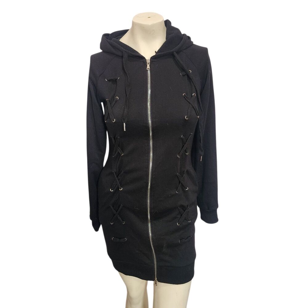 Red Fox Goth Black Zip Hoodie Jacket Lace Up Corset Back Longline Size S